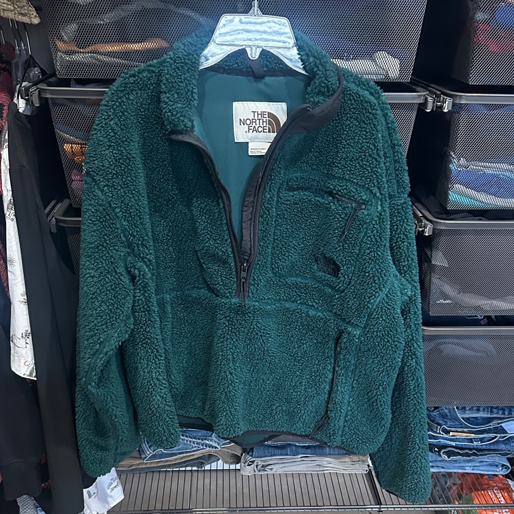 The North Face Teal Sherpa Fleece Pullover Jacket (cropped)